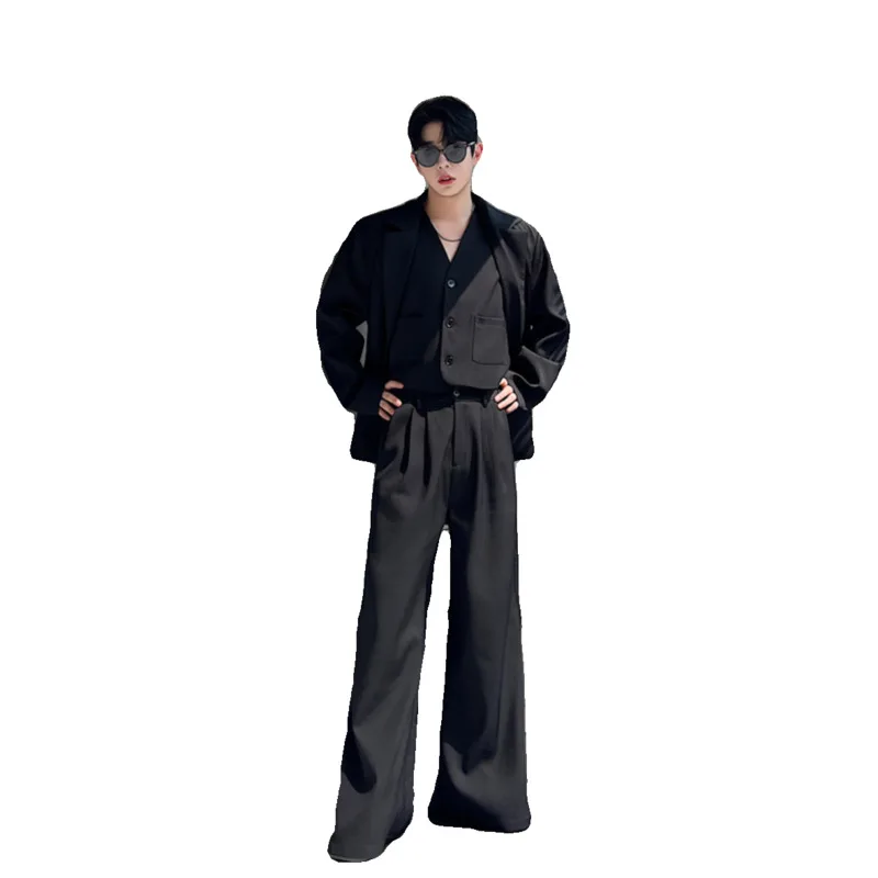 NOYMEI Fashionable Suit Three Piece Set Black Temperament 2024 Autumn All-match Wide Leg Pants Casual Jacket Men Chic WA3119