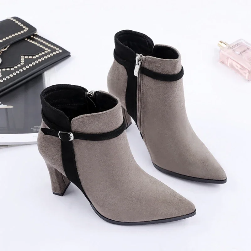 Women Ankle Boots 2023 Autumn/Winter European American New Pointed Thin Heel Short Boot Suede Panel Fashionable High Heel shoes