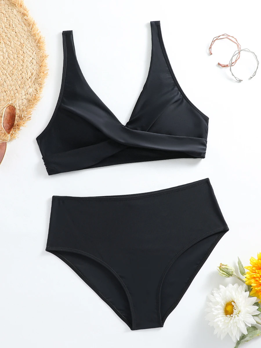 V-neck Bikinis 2023 Women Vintage Swimsuit High Waist Solid Swimwear Female Sexy Bathers Bathing Swimming Swim Suit Beachwear