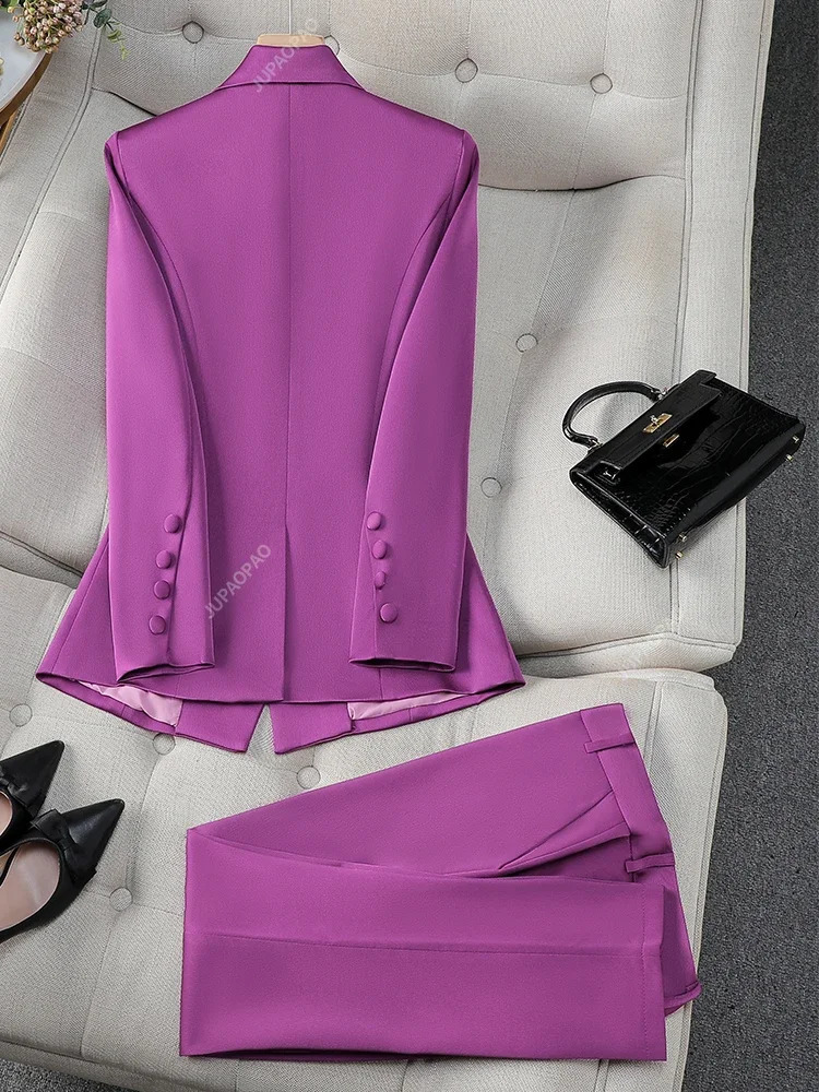 Fashion Office Ladies Formal Pant Suit Set Women Blue Pink Yellow Female Business Work Wear 2 Piece Blazer Jacket And Trouser 240329