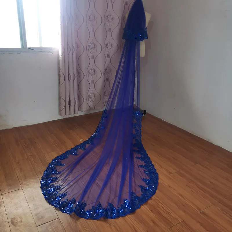 Sapphire blue veil 2023 new sequin 2025 lace veil bridal cathedral cover-up new wedding veil wedding accessories jewelry with hair comb