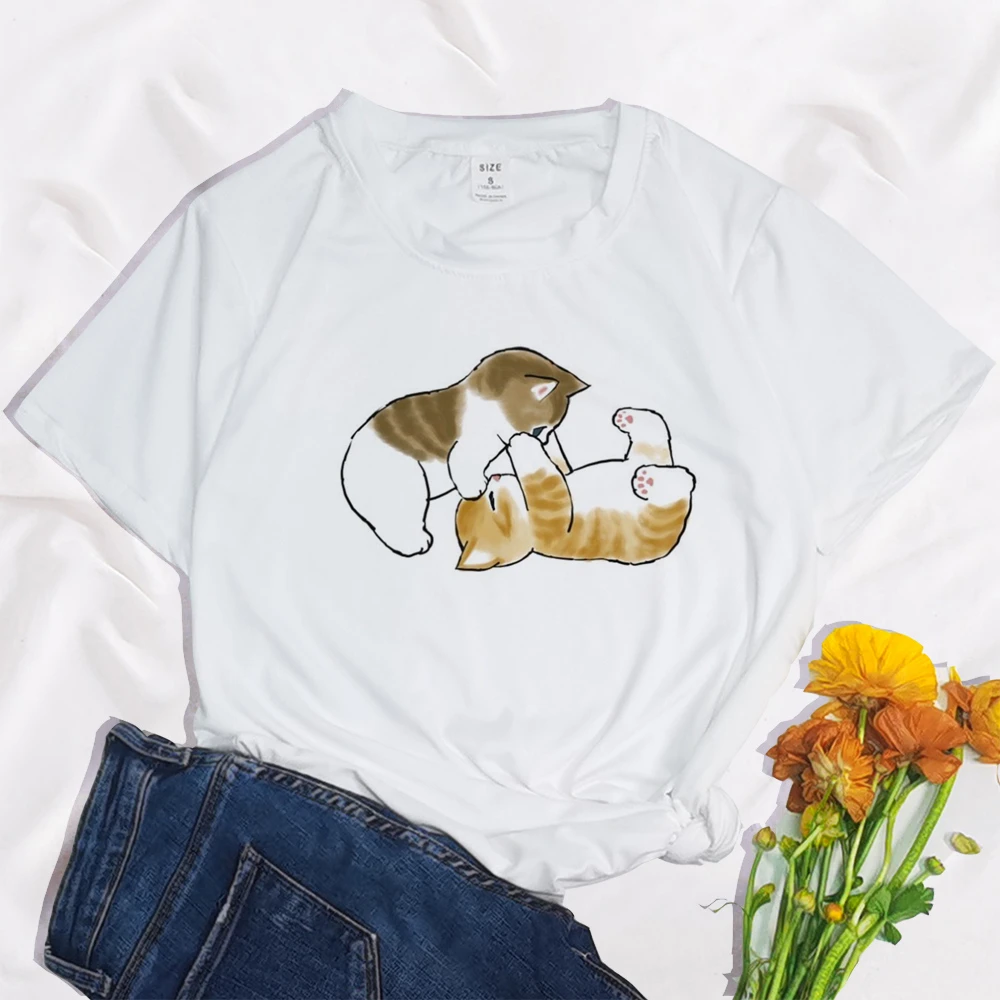 Make Fun of Duck Funny Kawaii Cat Print Clothing Women T Shirt Aesthetics Graphic White Short Sleeve Polyester Women's T Shirt