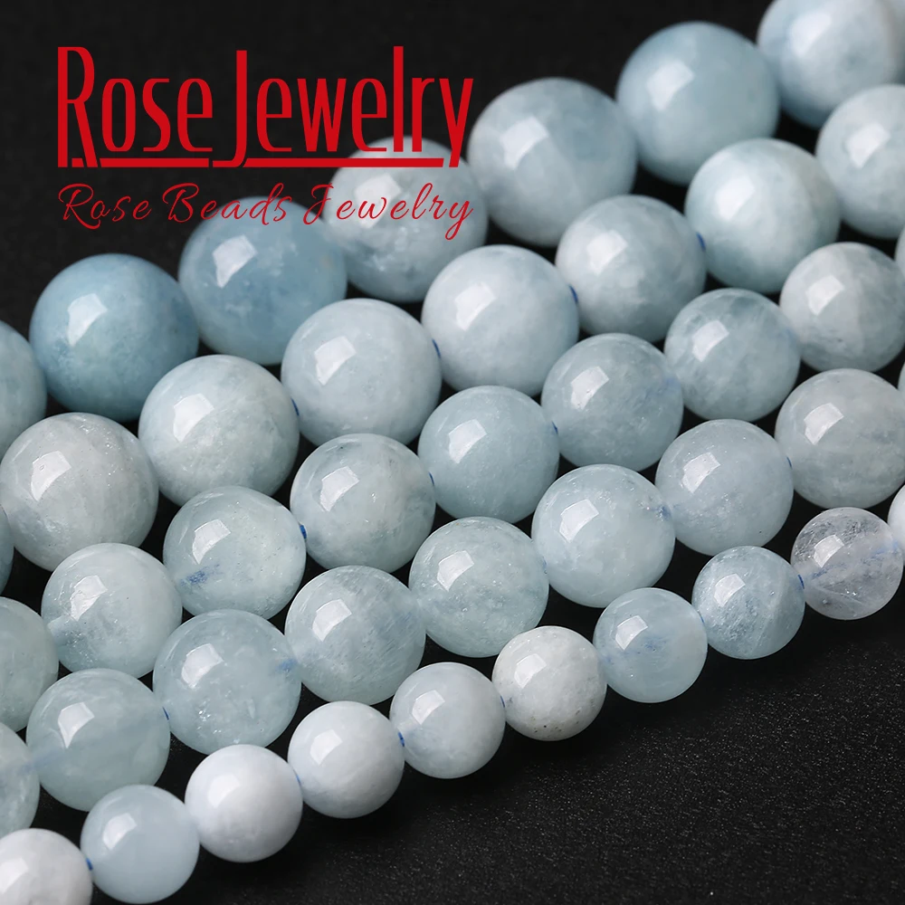 A+ Natural Aquamarines Stone Round Loose Spacer Beads 15" Inches 4/6/8/10/12 Mm Pick Size for Jewelry Making Bracelet Necklace