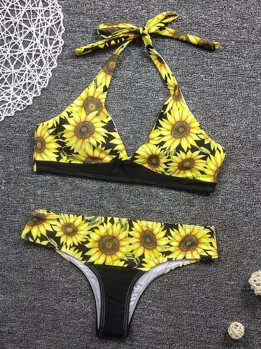 Halter Triangle Bikini Set Floral Printed Swimwear Female Sexy Strap Swimsuit Women Padded Bathing Suit Swimming Beachwear