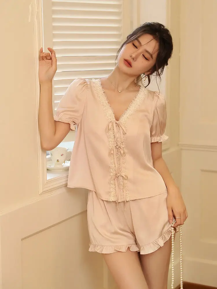 Summer French Style Lace Trim Romatic Women Pajamas Set Female V-neck Silk Stain Home Suits Lantern Sleeves Ruffles Sleepwear