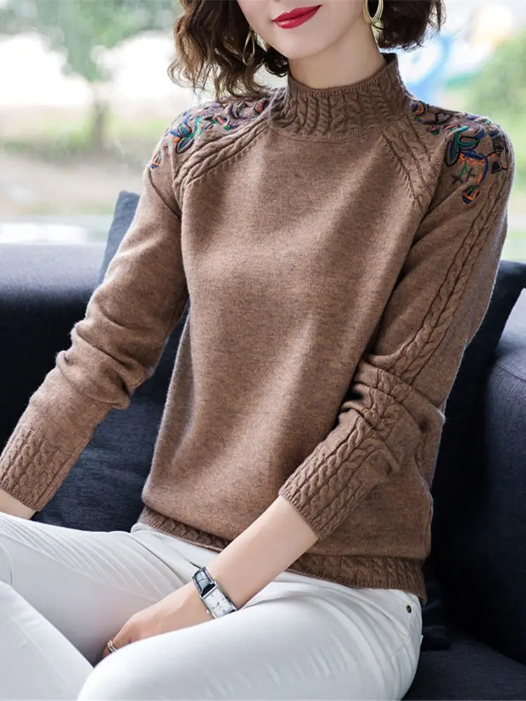 2023 Korean New Autumn Winter Women Slim Turtleneck Sweater High Quality Retro Embroidery Knitted Pullover Basic Sweater ZY7021