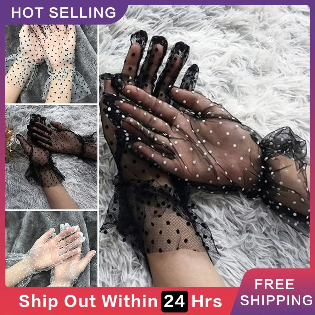 Spring Summer Women Gloves White Black Dot Weeding Gloves Elegant Lady Stretchy Sexy Lace Short Tulle Full Finger Mittens smile