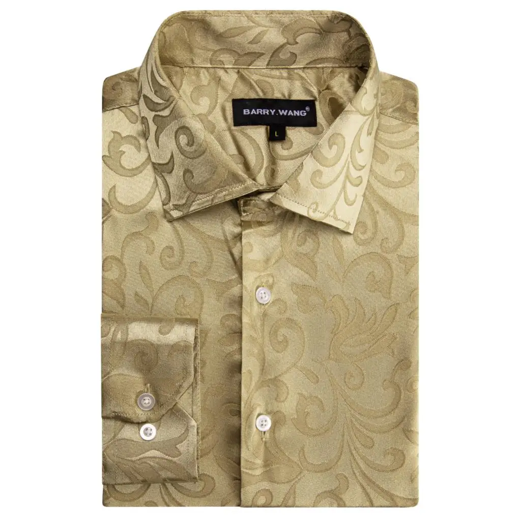 Shirts for Men Silk Brown Khaki Floral Long Sleeve Slim Fit Male Blouese Casual Tops Formal Breathable Barry Wang