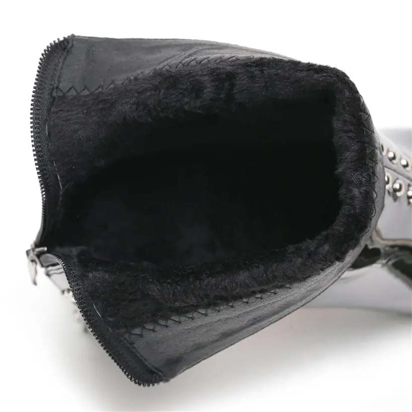 Winter Rivet Women Ankle Boots High Block Heels Pointed Toe Black Studded Patent Leather Plush Casual Ladies Zipper Short Boots