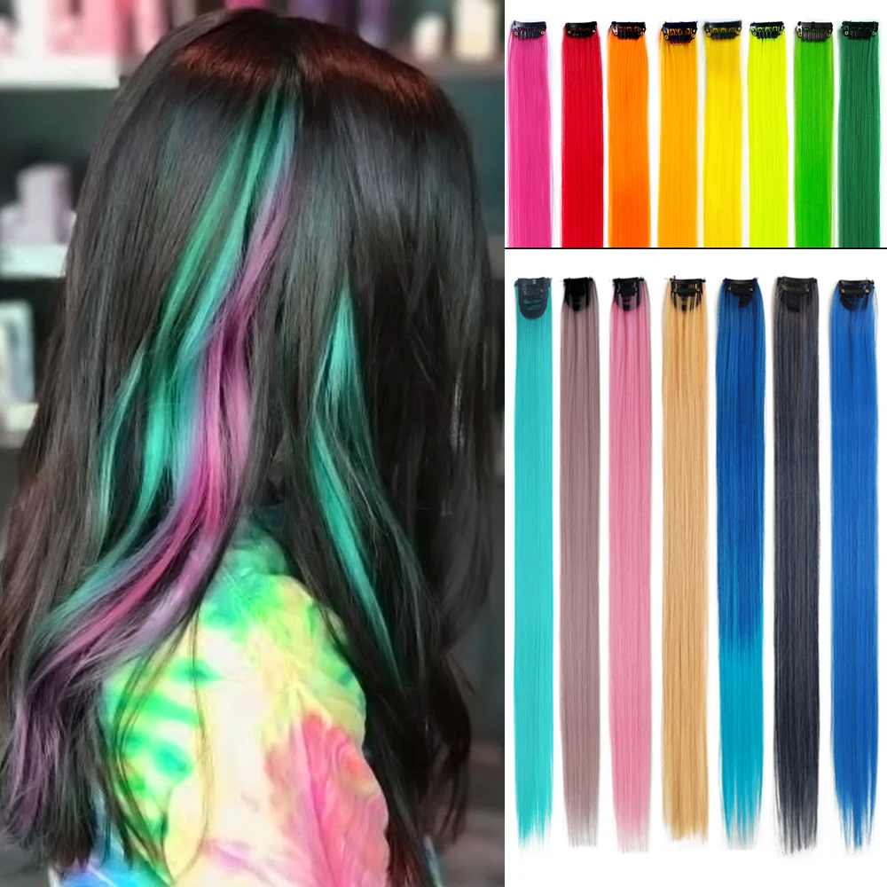 Colored Thick ks 55CM Straight Clip In Hair Extensions Synthetic Highlight Rainbow Hair Clips Grey Blue Purple Hairpieces smile