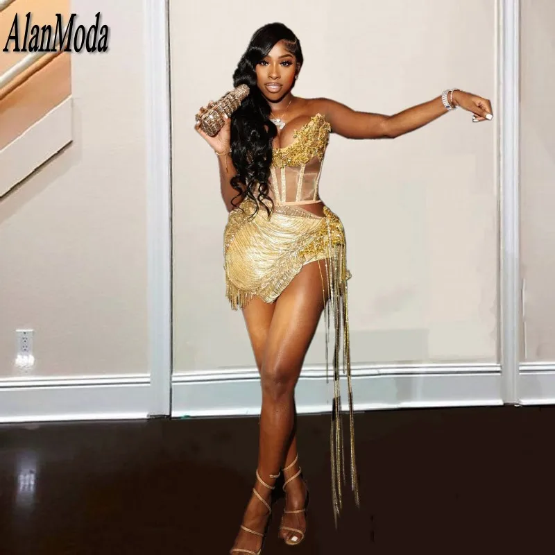 Giltter Gold Short Prom Dresses 2024 Rhinestone Black Girls Birthday Party Gowns new Tassel Vestidos De Gala 2025 Homecoming Dress