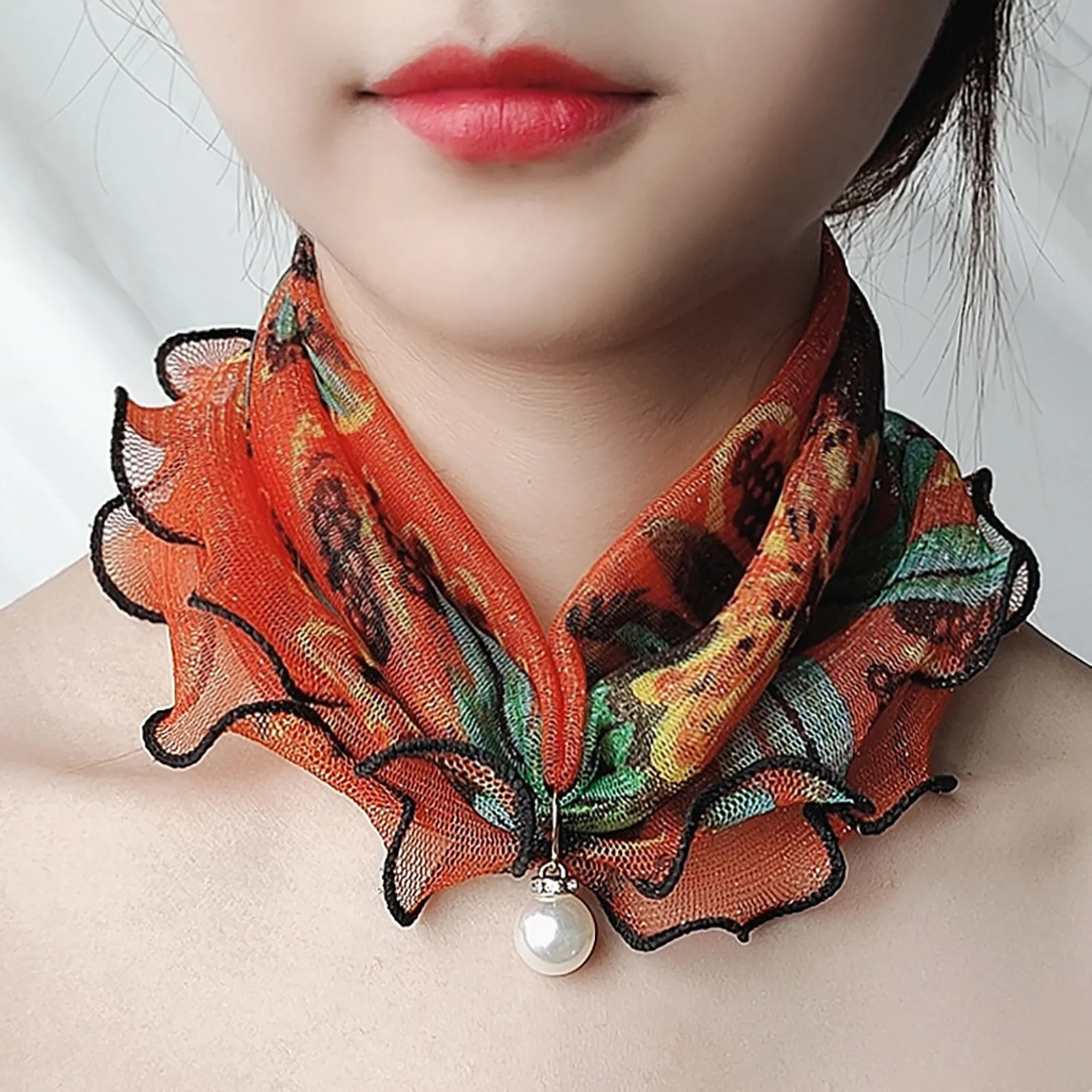 Lady Headscarf Pendant Pearl Edge Gold Silk Gold Lace Scarf Square River Scarfs High Elasticity Neck Wrap Multifunctional Scarfs