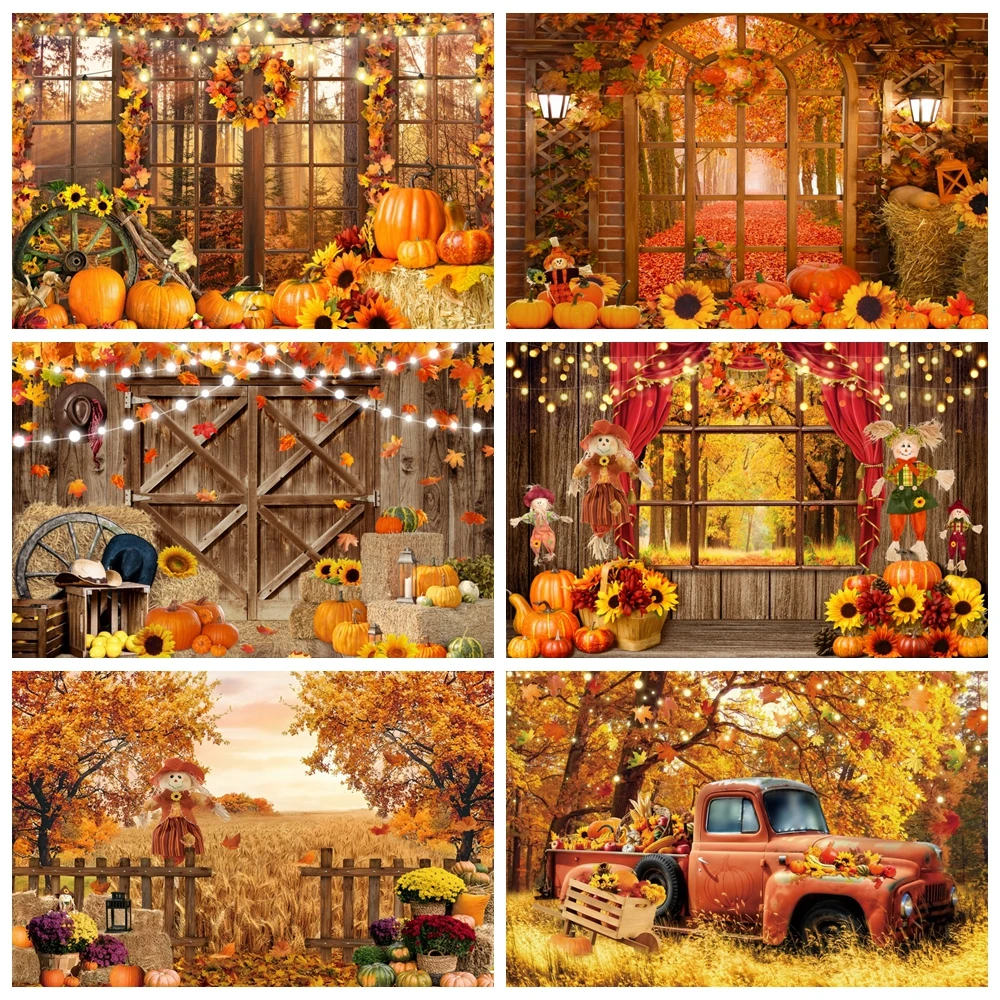 Autumn Scenery Photography Backdrop Fall Farm Barn Haystack Maple Pumpkin Truck Thanksgiving Baby Portrait Photo Background Prop