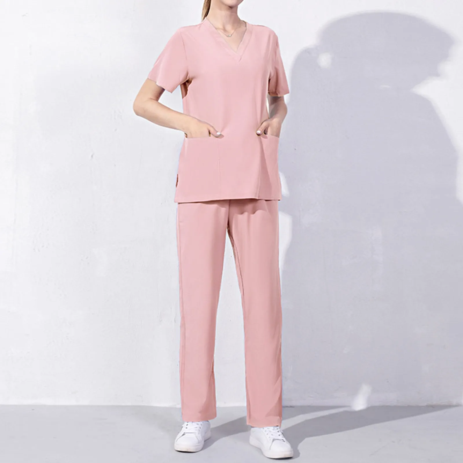 Scrub Uniform Tops Suit Two Piece Workwear Women Short Sleeve Nursed Working T Shirts Top With Pocket Long Pants Solid Color Set