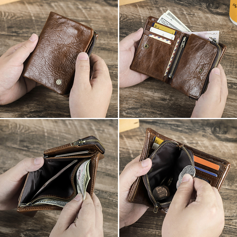 CONTATC'S New Short Wallet Men Genuine Leather RFID Bifold Wallet with Credit Card Holder Luxury Zipper Male Coin Purse Small