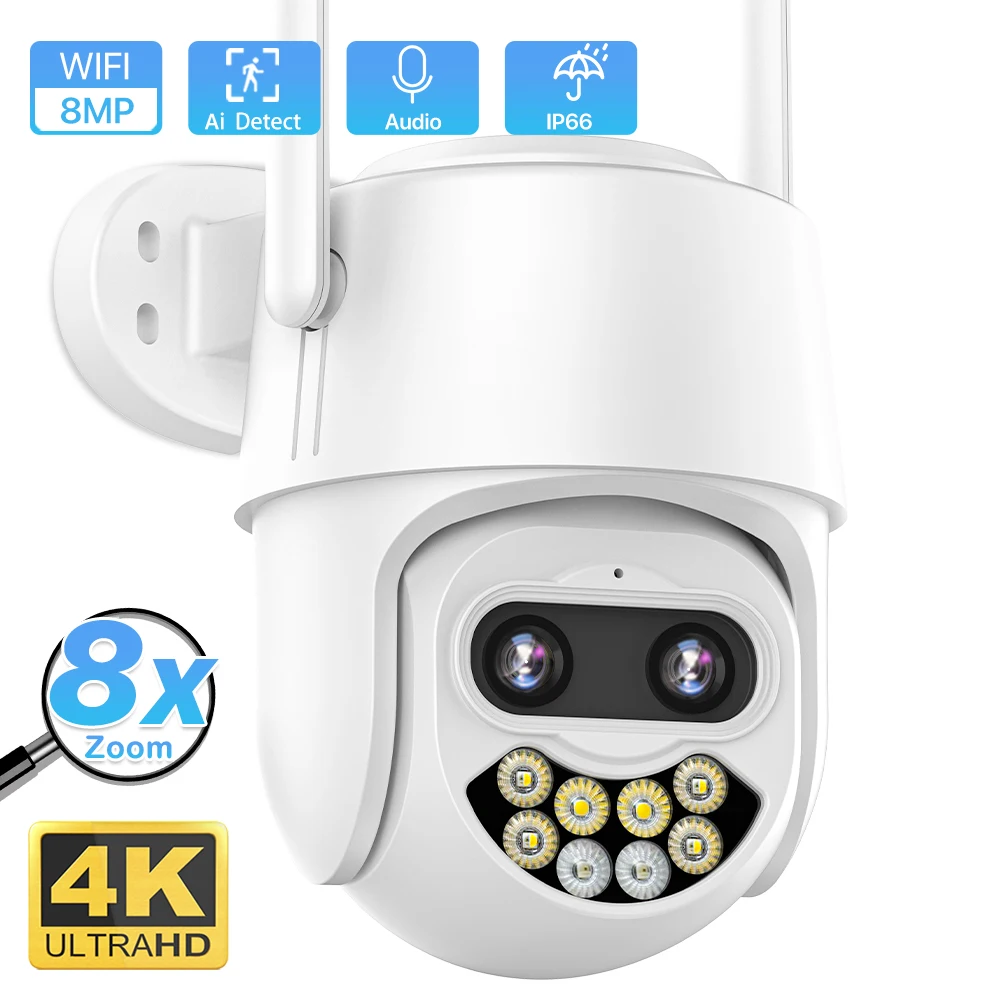 Dual Lens 4K WiFi Camera 8MP HD 8X Zoom Outdoor IP Camera 4MP 1080P Security CCTV Camera AI Auto Tracking Surveillance P2P iCSee