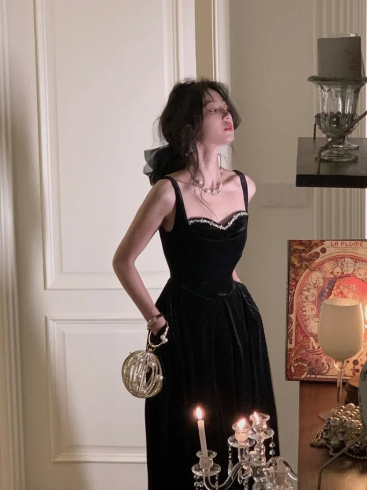 Elegant 2025 Wedding Party Black Veet Midi Dresses for Women 2023 Autumn new Square Neck Long Sleeves Evening Prom Mini Female Clothing