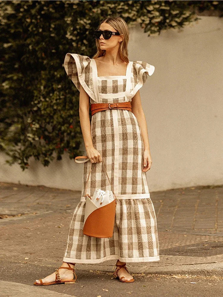 Vintage Plaid Flying Sleeve Shoulder Midi Dress Elegant Spliced Square Collar High Waist Vestidos Spring Street Female Robe 240315