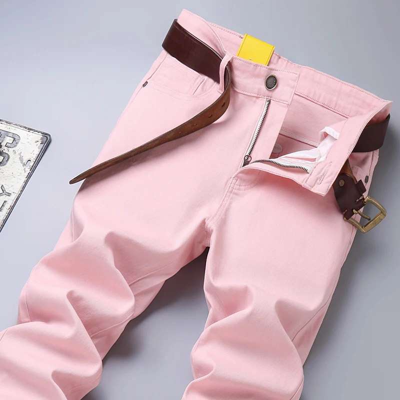 Trendy Men Handsome Denim Jeans Straight Slim Casual Pants Red Yellow Pink Solid Color Party Hip Hop Brand Dropship