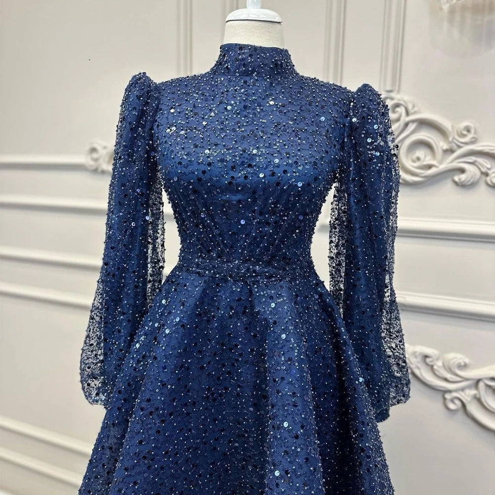 Champagne High Neck 2025 Evening Dresses for Women Full Sleeve Prom Gowns Sequined 2023 Summer A Line Real Picture Vestido new De Noche