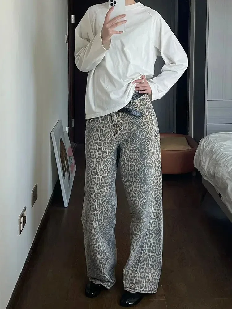 JRJL Leopard Print Jeans Woman Y2k Retro Street American Wide Leg Korean Style Wash Denim Pants Casual High Waist Baggy Jeans
