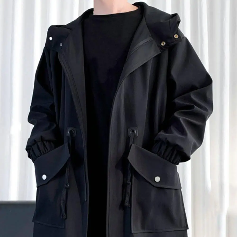 Long Trench Coat Jacket Men new Autumn Spring Black Hip Hop Japanese Coats Streetwear Male Hooded 2025 Army Green Khaki Casual Jackets