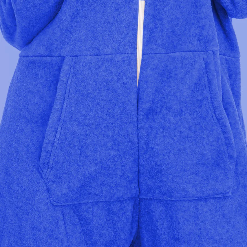 Adults Women Solid Hooded Fleece Onesie Pocket Sleepwear One-Piece Pijama Cosplay Costume Zipper Blue Pajamas