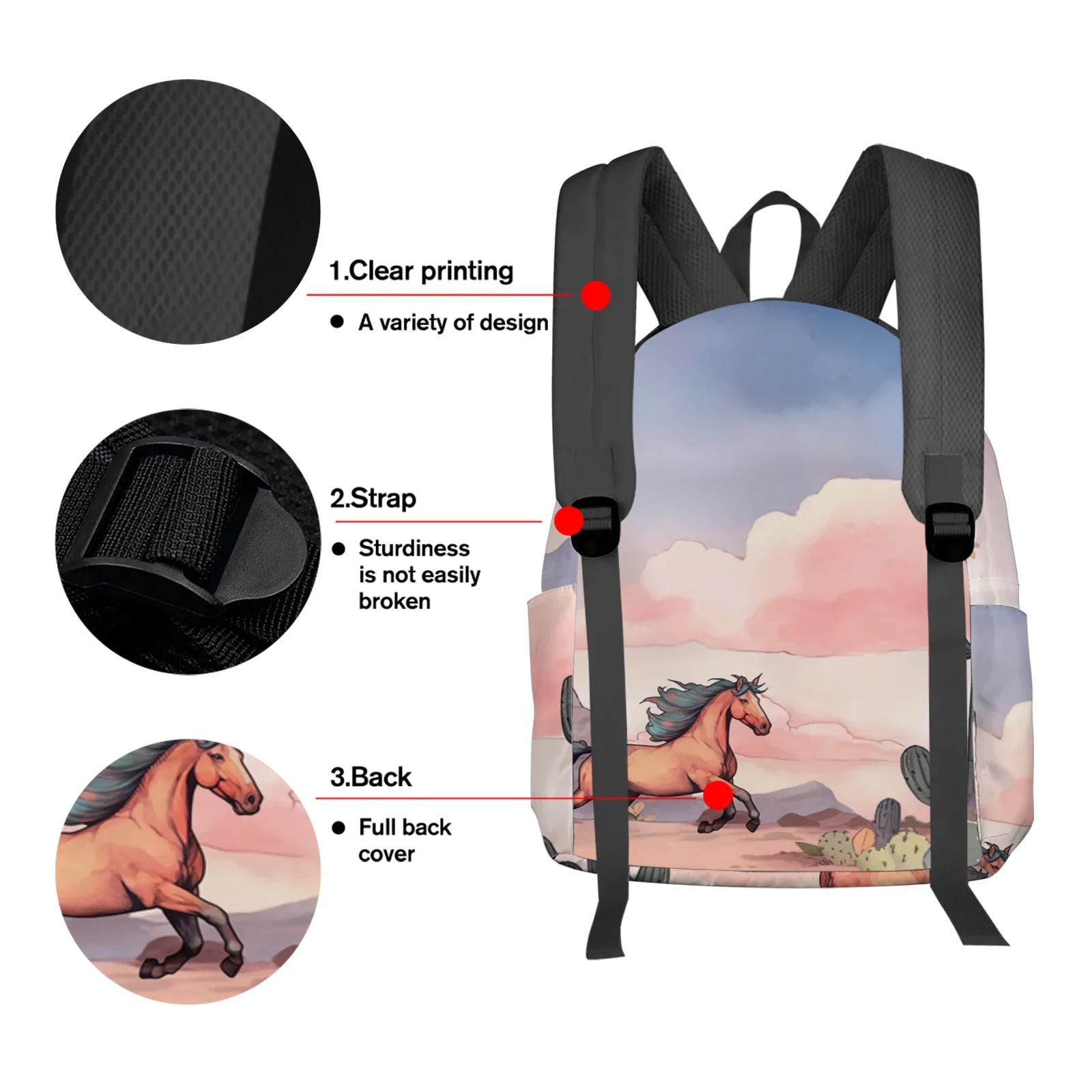 Women Horse Clouds Cactus Man Backpacks Waterproof Multi-Pocket School Backpack For Student Boys Girls Laptop Book Pack Mochilas smile