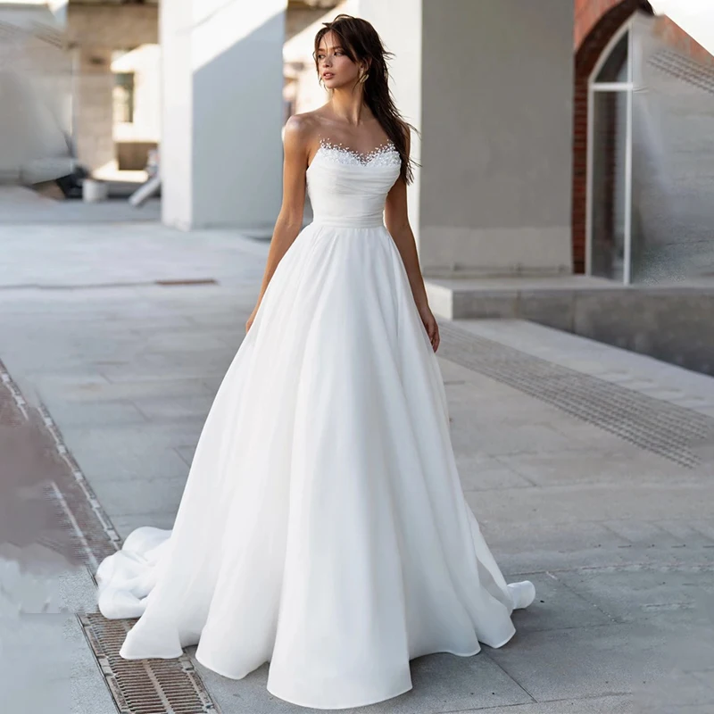 Sheer Beaded Peal Neck Pleat A Lne Wedding Dresses Sweet Train Formal Bridal Grown Vestido de Noiva 2023