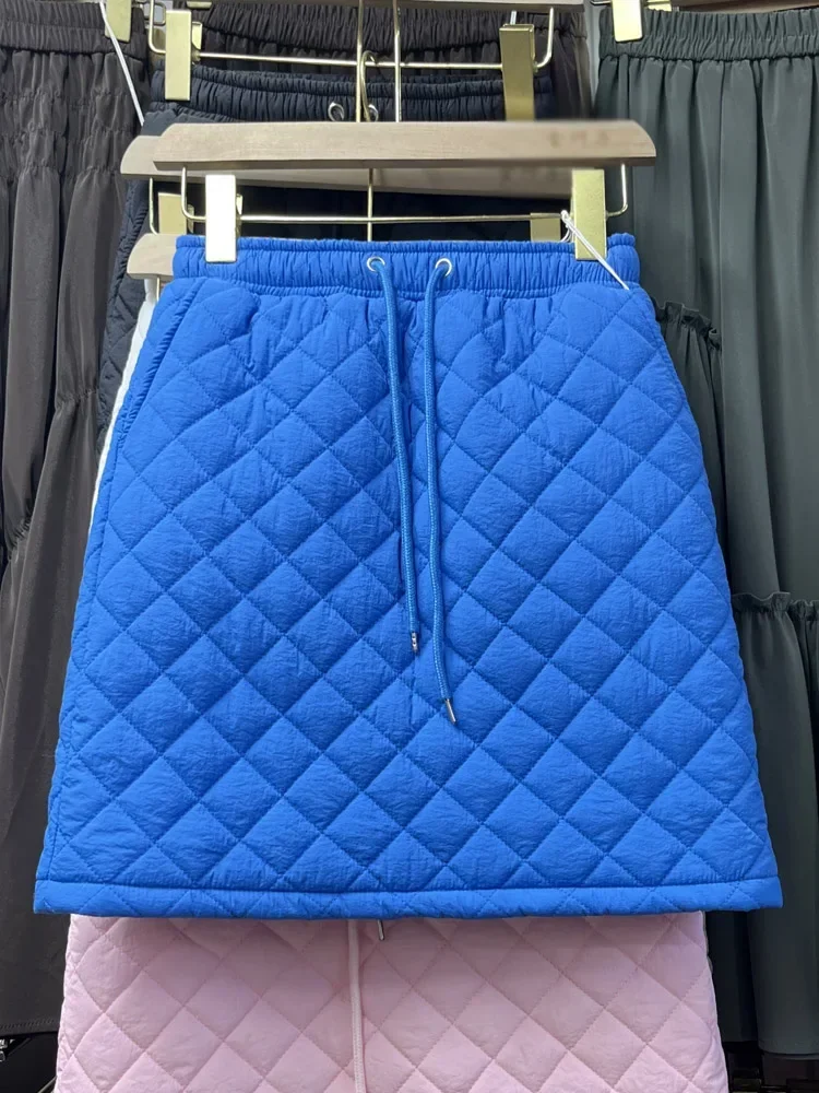 Casual Skirt Shirring Solid Plaid Quilted Elastic High Waist Women's Clothing Korean Style A-line Warm Skirts Autumn Dropship