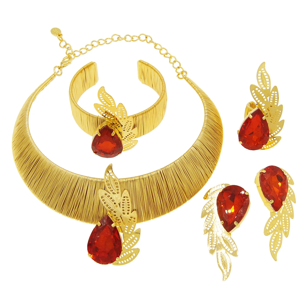 Classic Brazilian Gold Style Woman Jewelry Set Original Gold Plated 24K Necklace Luxury Ruby Pendant Earrings Bracelet SYHOL