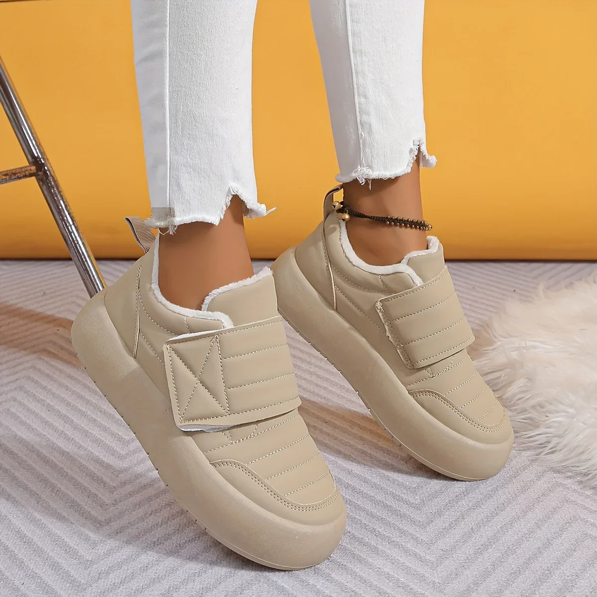 Women Solid Color Fuzzy Loafers Slip On Fleece Lining Platform Waterproof Warm Shoes Winter Plush Soft Sole Daily Shoes