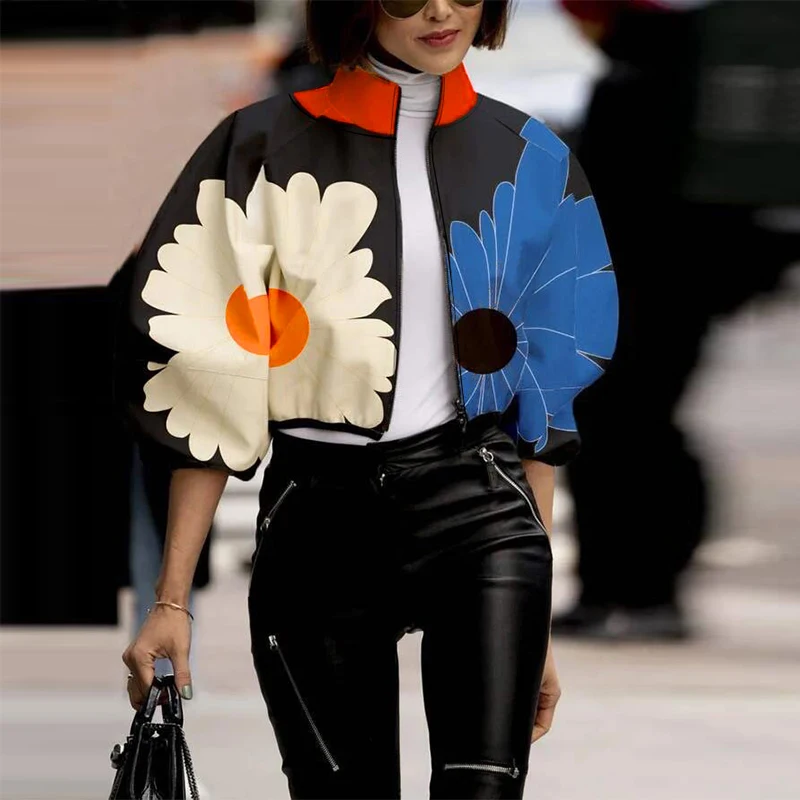 Trendy Street Elegant Flower Print Women Jacket Autumn Zipper Turtleneck Top Cardigan Winter Lantern Long Sleeve Coat Outerwears