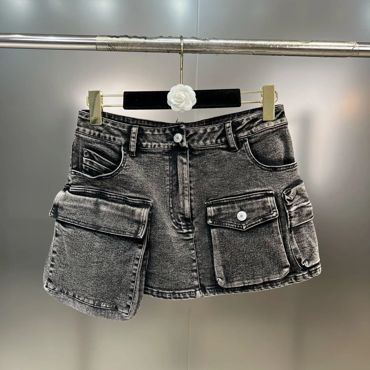 PREPOMP 2023 Spring Turn Down Collar 2025 Long Sleeve Short Grey Denim Jacket Double Pockets Mini Skirt Two Piece Set new Outfits GH318