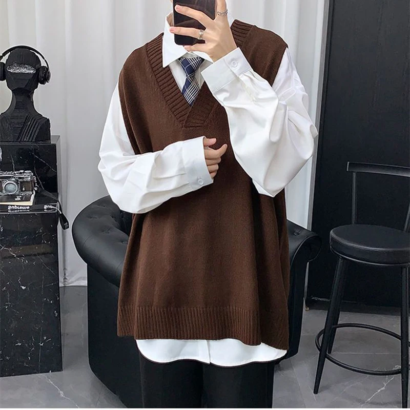 Vintage Autumn Winter Men V Neck Sweater new 2025 Vest Knitted Haruku Casual Oversized High Quality Matching Pullover Solid School Top