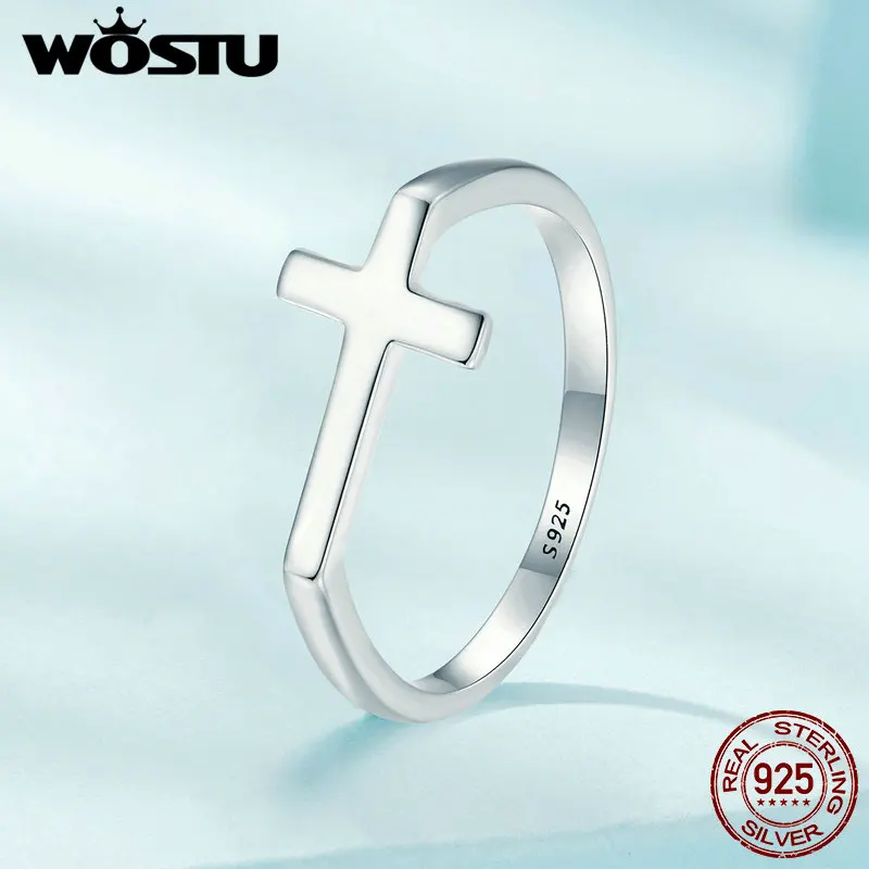 WOSTU Real Sterling Sier Simple Cross Finger Ring for Women Daily Wear Guard Female Jewelry Gift For Daugther Family