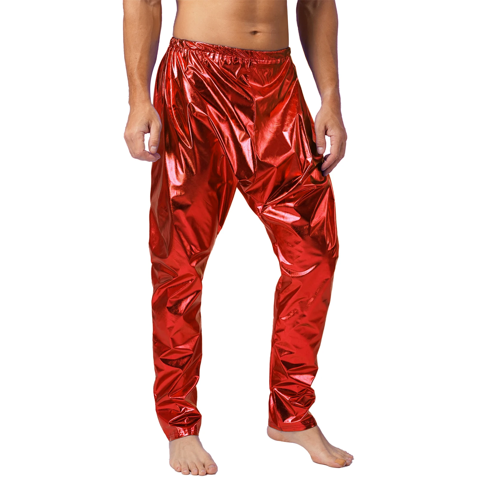 Mens Stylish Metallic Shiny Long Pants Elastic Waistband Solid Color Lightweight Harem Pants Leggings Stage Performance Costume