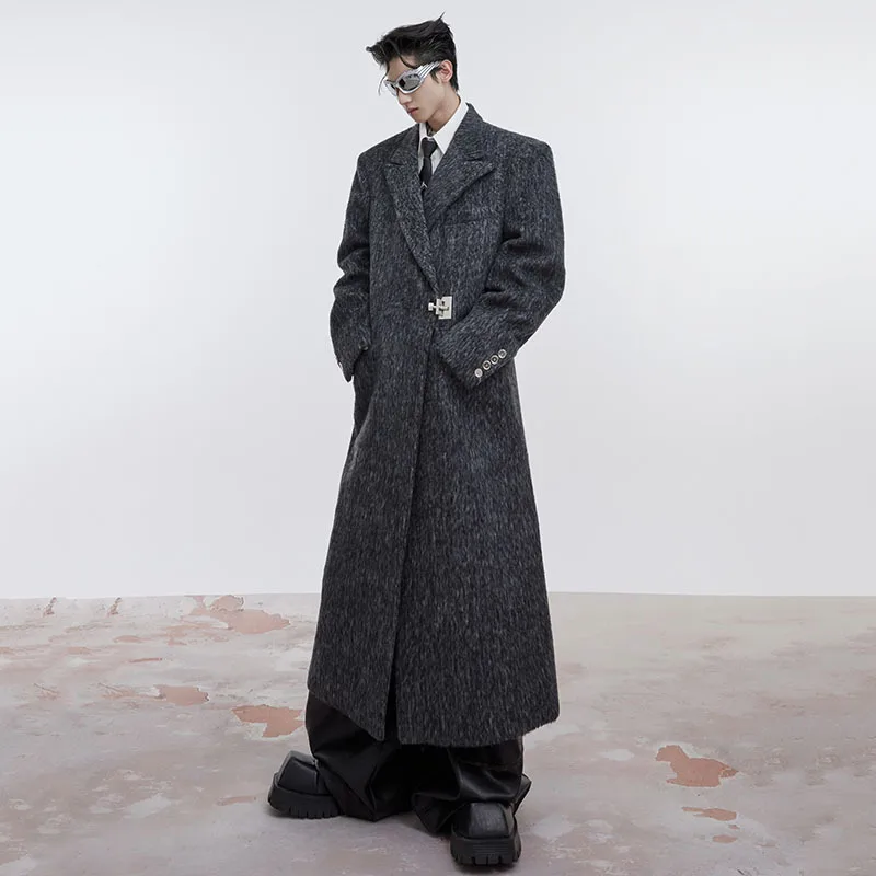 IEFB Men's Woolen Long Overcoat Silhouette Shoulder Pad Wool Coat Solid Color Loose Knee Length Trench Jackets Autumn New 9C3103