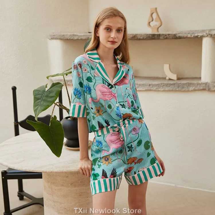 2023 Ins Style Niche Design new Ice Silk Pamas Women's Spring and Summer Long Sleeves Home Suit Plant Flowers Spring 2025 and Summer