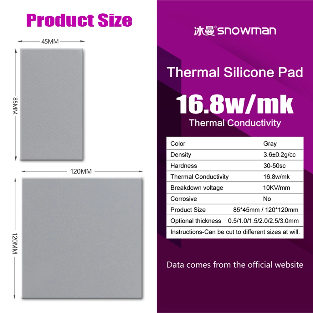 SNOWMAN Thermal Pad 16.8W/mk CPU GPU Graphics Card Water Cooling Motherboard M.2 SSD RAM Non-Conductive Silicone Mat Multi-Size