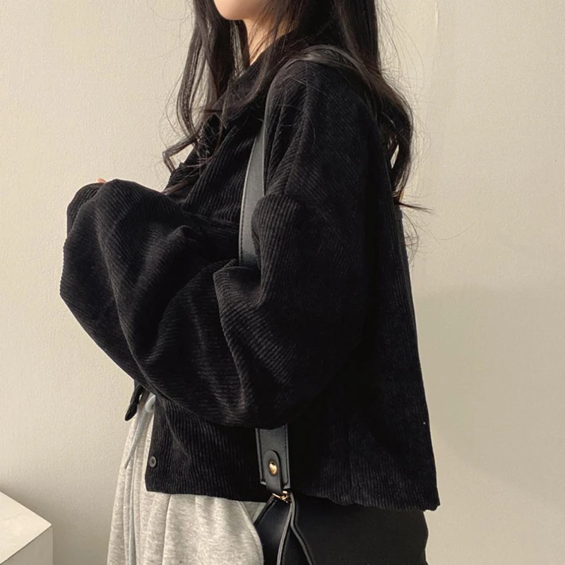 Women Casual Autumn Loose 2025 Corduroy Long-sleeved Shirt Turn-down new Collar Retro Coats Solid Color Shirts