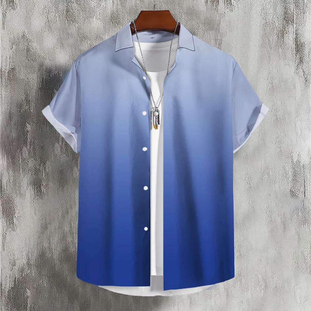 2023 Men's Gradient Lapel new Shirt Solid Color Simple Color 3D Print Basic 2025 Casual Top Short Sleeve Summer