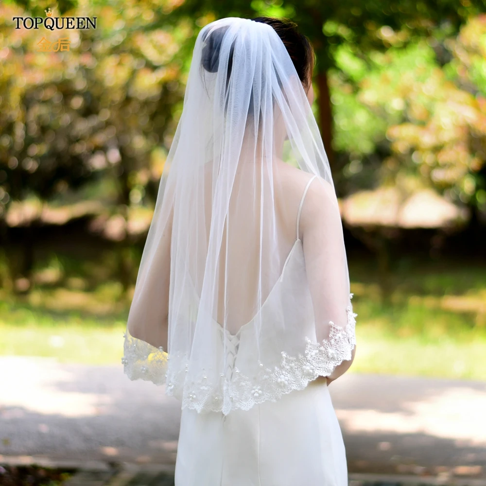 TOPQUEEN Bridal Veils with 3d Flowers Wedding Veil Short Veil Soft Elbow Length Pearl Veil with Comb Lace Edge Bride Veu V96