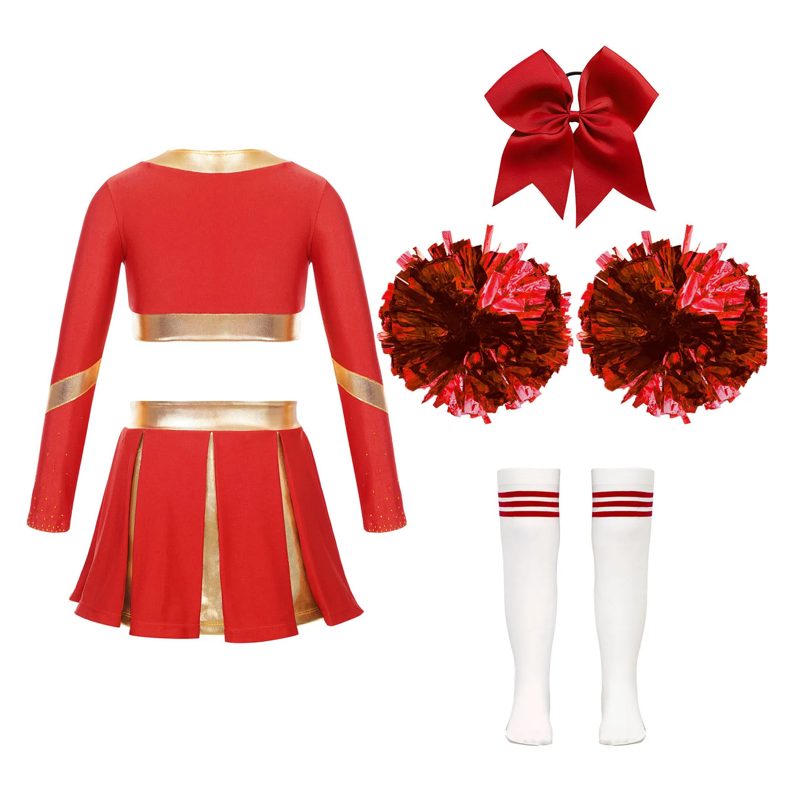 Kids Girls Cheerleading Uniform Long Sleeve Crop Top with Pleated Skirt Sets for Halloween Costume Dance Performance Competition
