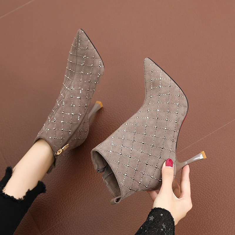 Shoe Women's Autumn Boots Heeled Shoes Botins Luxury Brand Woman Stripper Heels Vintage Sexy Rhinestone Ankle 2022 Free Shipping