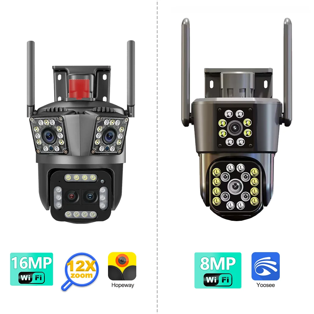 8K 16MP WiFi IP Camera 12X Zoom Four Lens Three Screen Outdoor PTZ Security Cam AI Auto Tracking 8MP HD Video Surveillance CCTV