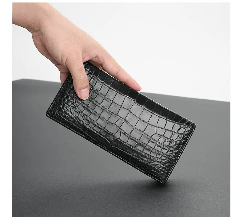 Carteira de couro de crocodilo para homens, bolsas de barriga longa, pele jacaré, bolsa de dinheiro luxuosa 100% real, presente de aniversário
