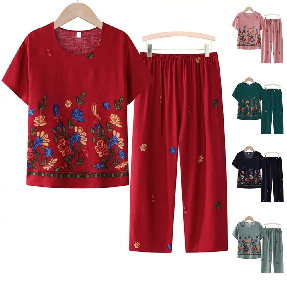 Grandma Summer Two-Piece Set Short-Sleeved Cropped Pant Pamas Women Sleepwear Loose Middle-Aged Elderly Mother new 2025 Home Clothes