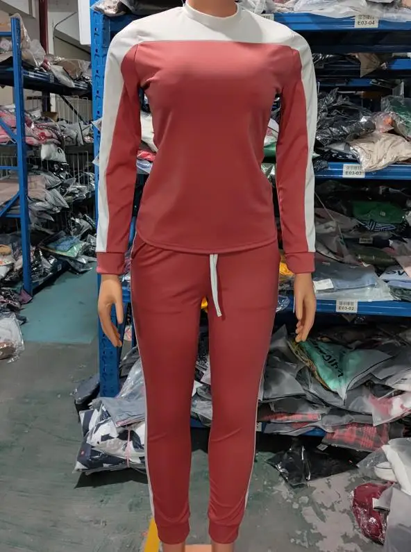Casual Two Piece Sets Womens Outifits OTTD Colorblock Long Sleeve Round Neck Top & Sporty Skinny Drawstring Pants Set Autumn