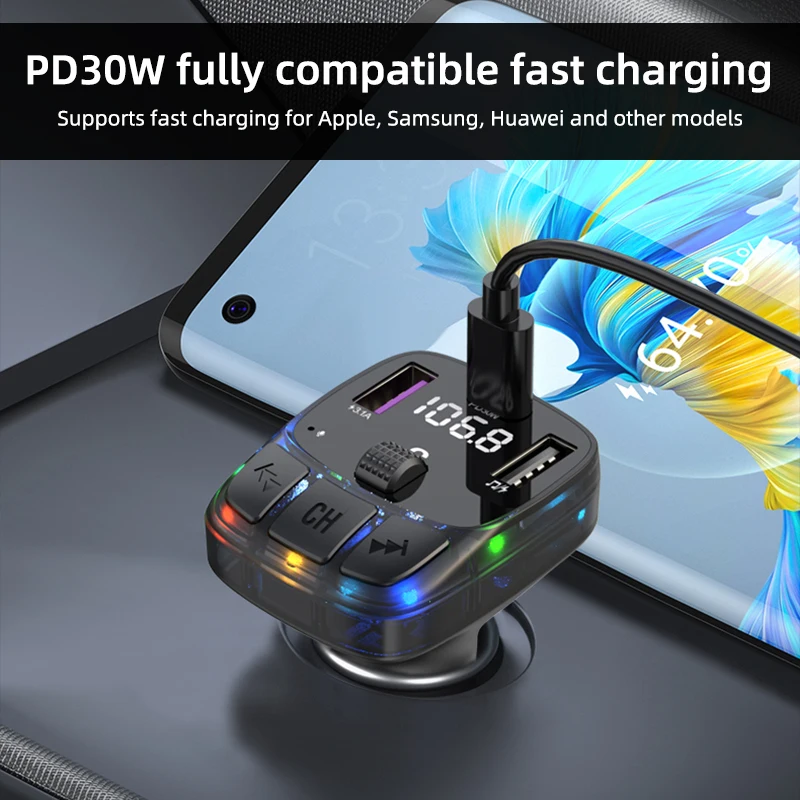 Bluetooth 5.3 Car FM Transmitter PD 30W Dual USB 3.1A Type-C Car Charger Handsfree new Car Kit Mp3 2025 Player Autoradio